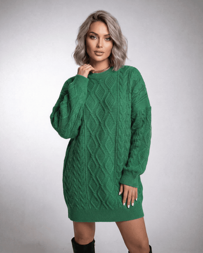 Ivy Mini Dress by Lauven in emerald green cable knit, featuring a loose fit and dropped long sleeves.