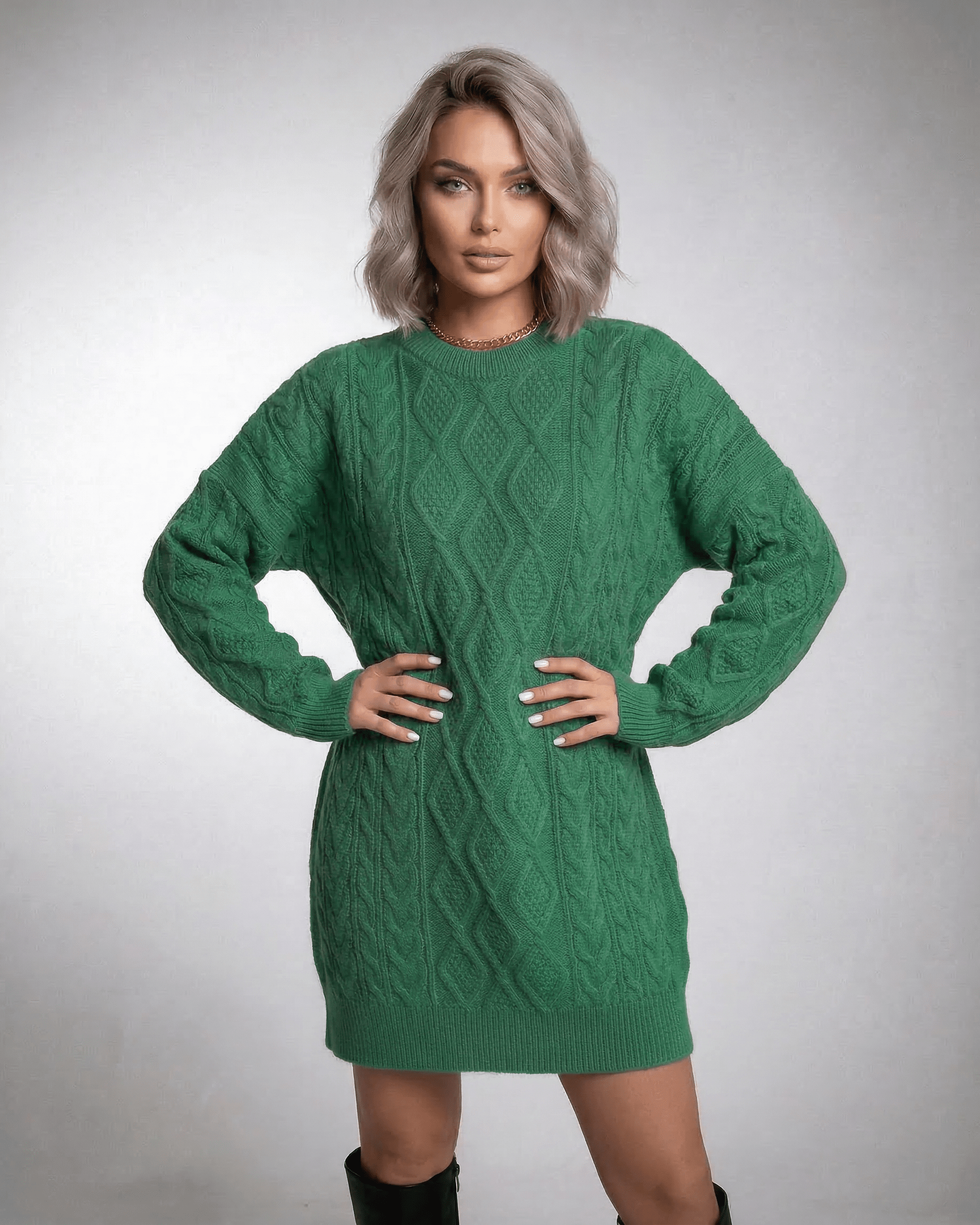 Ivy Mini Dress by Lauven in emerald green cable knit with a relaxed silhouette and dropped long sleeves.