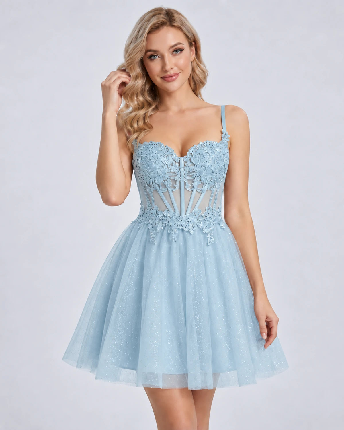 Orchidea Mini Dress — Light Blue | SKU: SD-72230-lightblue-2,SD-72230-lightblue-4,SD-72230-lightblue-6,SD-72230-lightblue-8,SD-72230-lightblue-10,SD-72230-lightblue-12,SD-72230-lightblue-14,SD-72230-lightblue-16,SD-72230-lightblue-16W,SD-72230-lightblue-18W,SD-72230-lightblue-20W,SD-72230-lightblue-22W