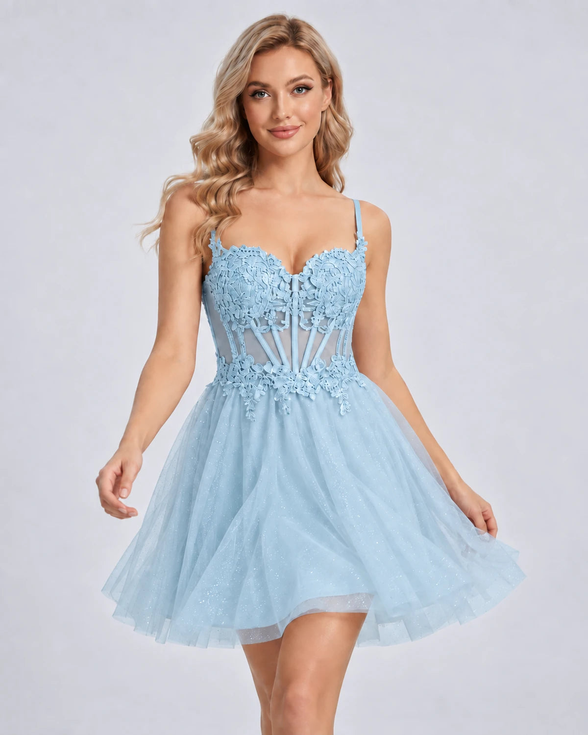 Orchidea Mini Dress — Light Blue | SKU: SD-72230-lightblue-2,SD-72230-lightblue-4,SD-72230-lightblue-6,SD-72230-lightblue-8,SD-72230-lightblue-10,SD-72230-lightblue-12,SD-72230-lightblue-14,SD-72230-lightblue-16,SD-72230-lightblue-16W,SD-72230-lightblue-18W,SD-72230-lightblue-20W,SD-72230-lightblue-22W
