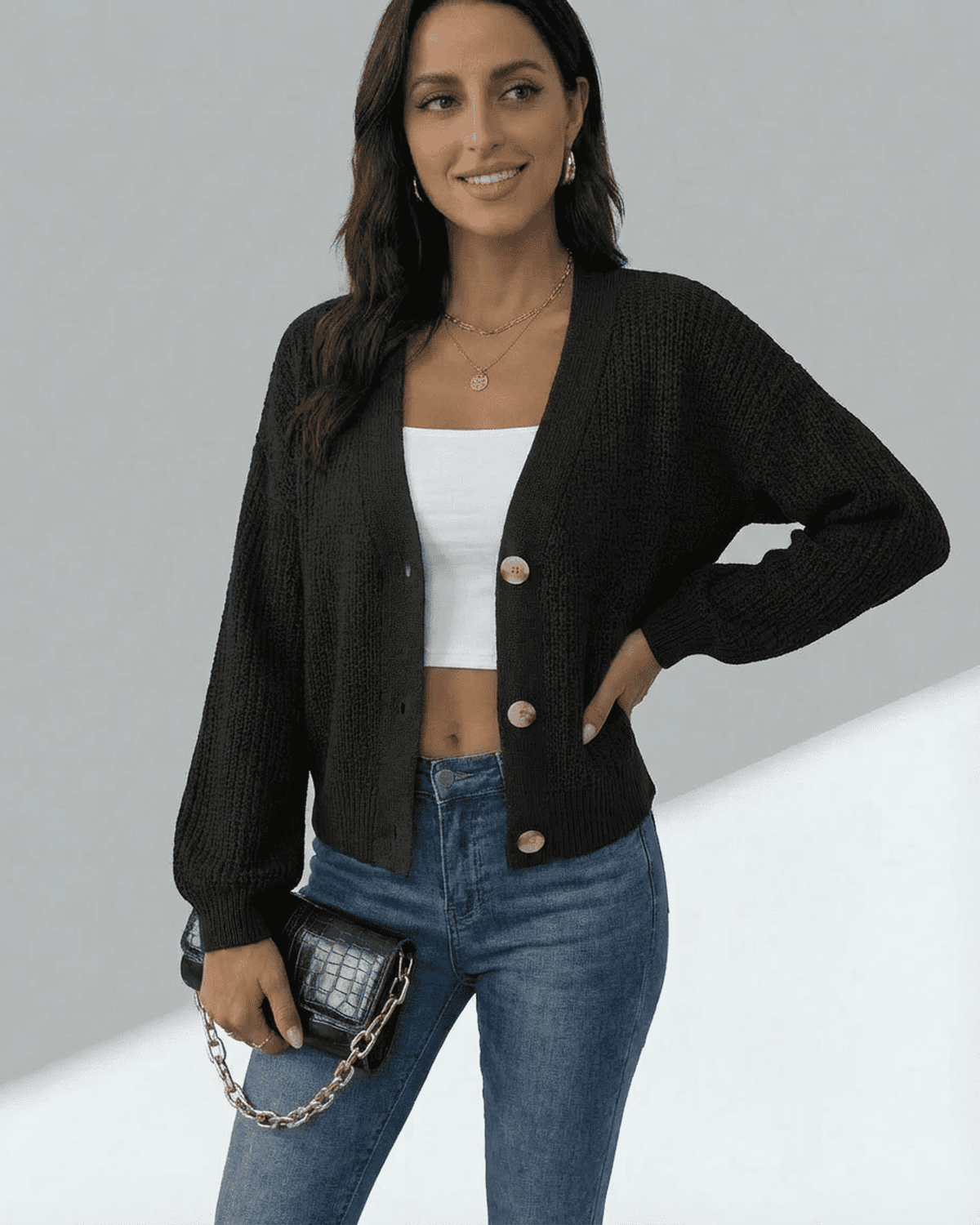 Orion Cardigan by SLIMONA – Long sleeve V-neck knitwear for effortless layering and comfort.