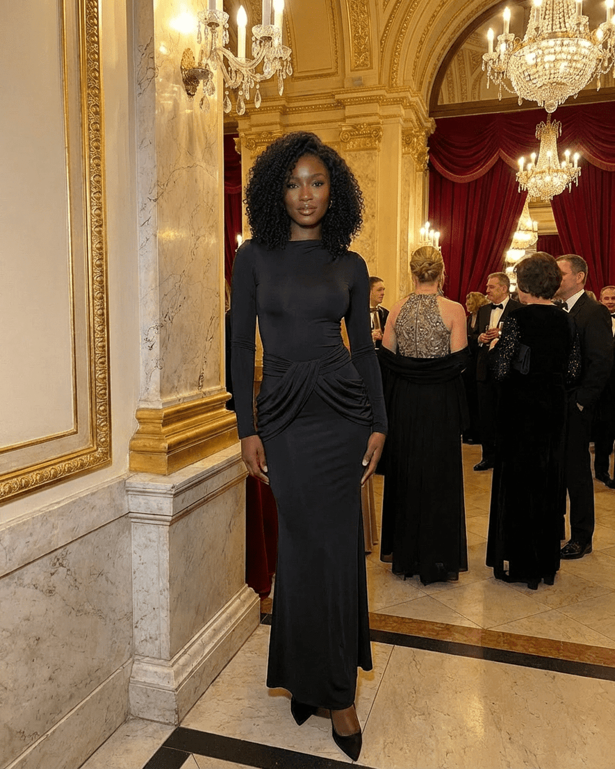 Model wearing Orion Maxi Dress by SLIMONA, showcasing long sleeve design and ruched waist detail in elegant setting.