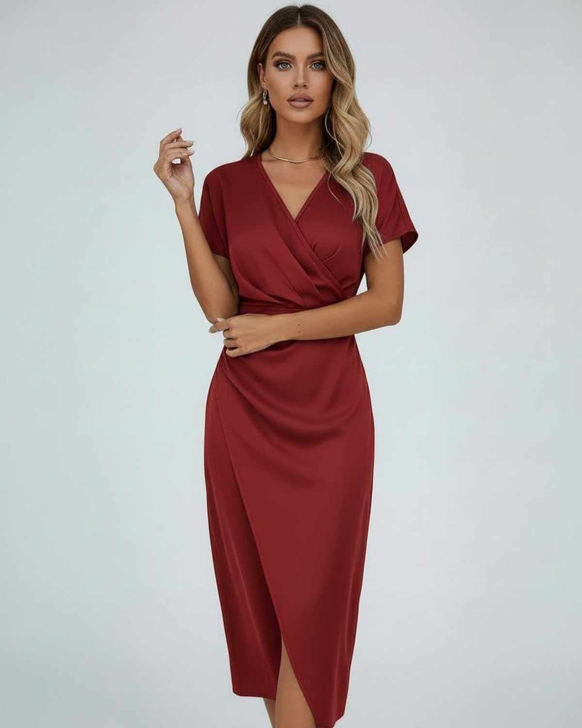 Orion Midi Dress by Lauven, luxurious deep red wrap dress featuring V-neckline and flowing skirt.