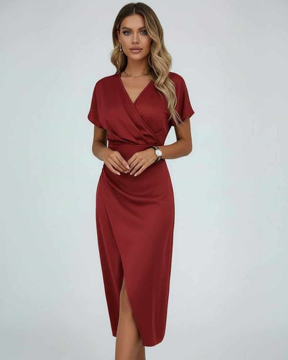 Orion Midi Dress by Lauven - Luxurious deep red wrap dress with V-neckline and flowing skirt.