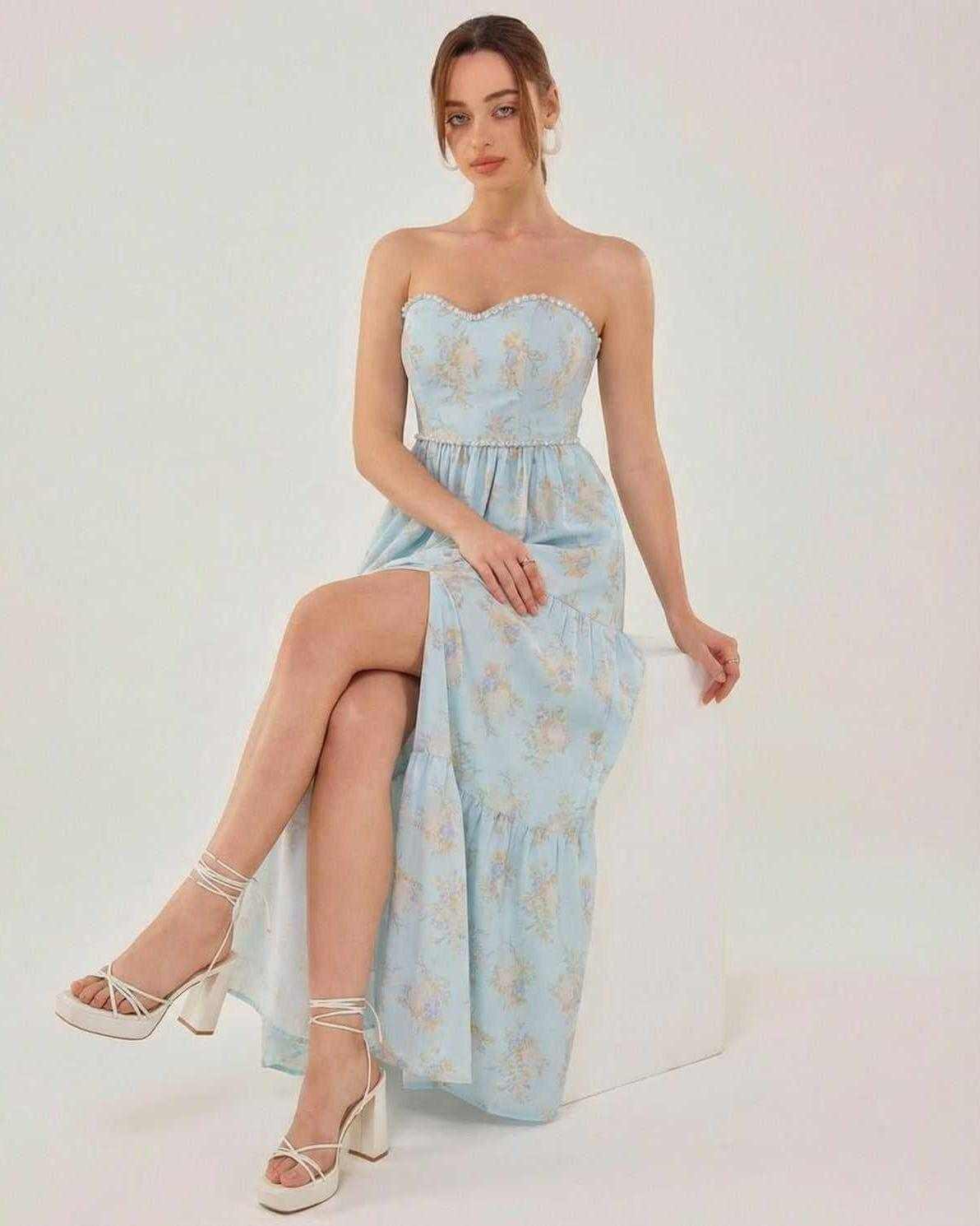 Orion Midi Dress by Lauven - Elegant strapless slit dress in light blue for summer events.