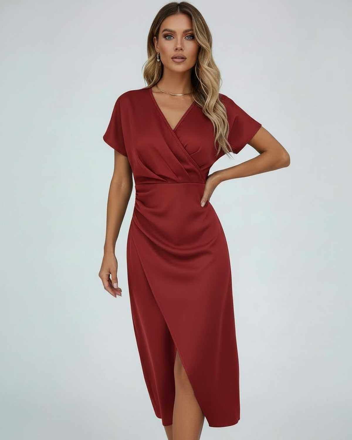 Orion Midi Dress by Lauven - Luxurious deep red wrap dress with a sleek silhouette and flattering V-neckline.