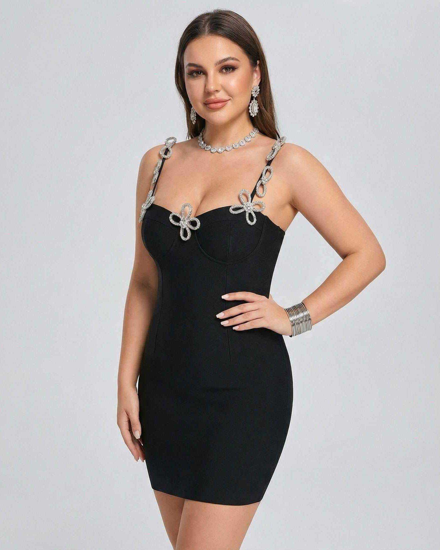 Orion Mini Dress by Lauven - stylish black mini dress featuring crystal straps and a sleek sheath silhouette.