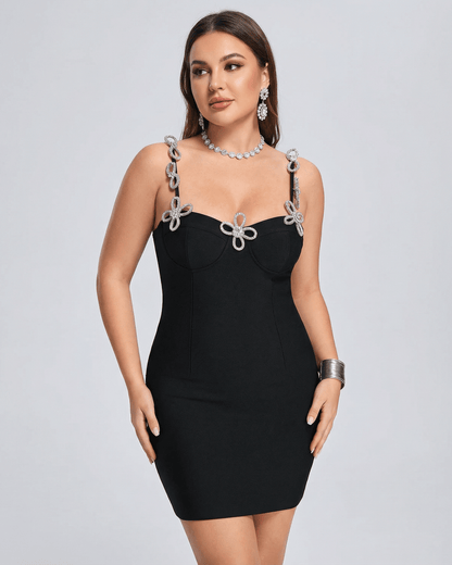 Orion Mini Dress by Lauven – Elegant black crystal strap mini dress with flattering sheath silhouette.