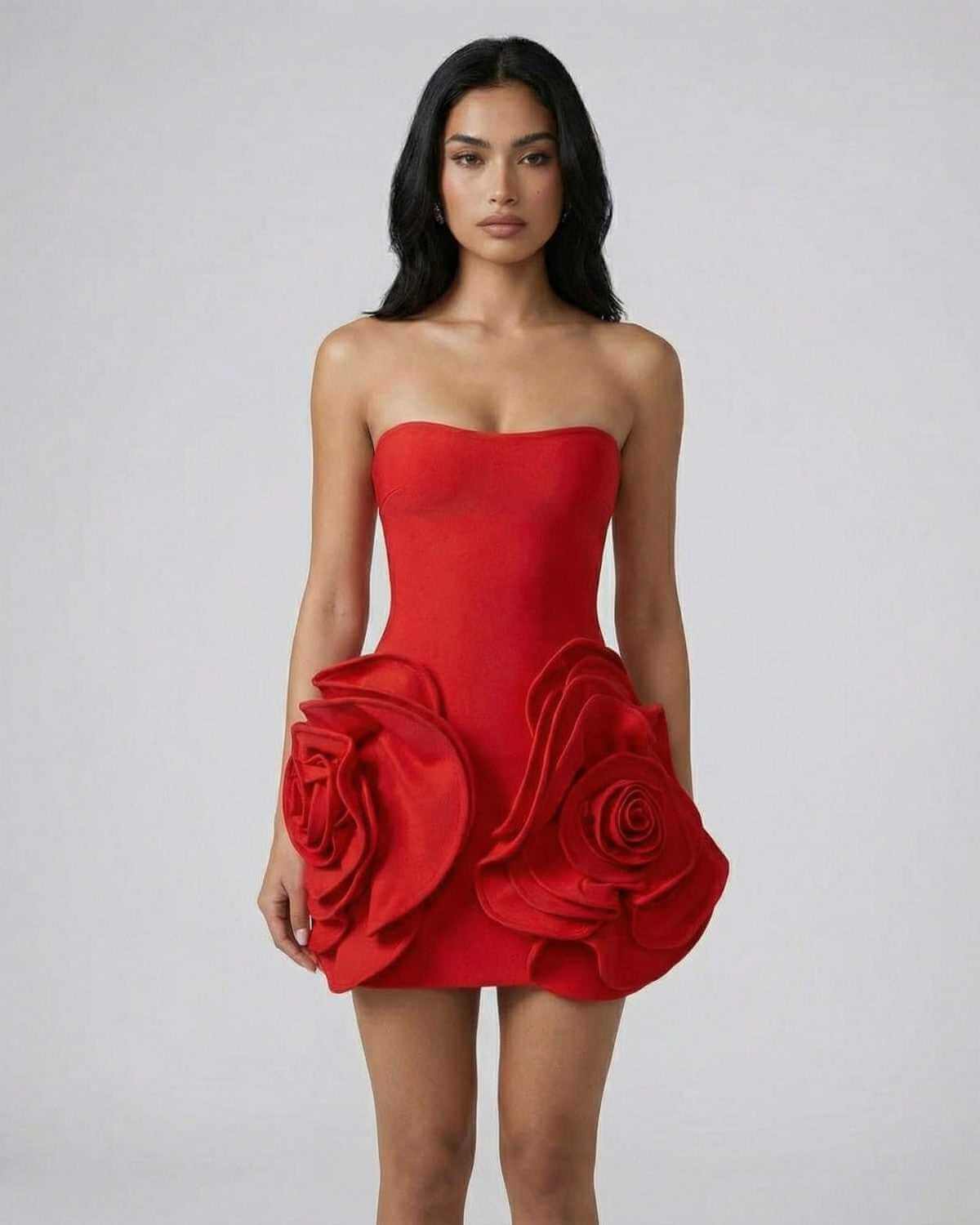 Orion Mini Dress by Lauven, elegant strapless sheath with 3D floral accents in vibrant red.