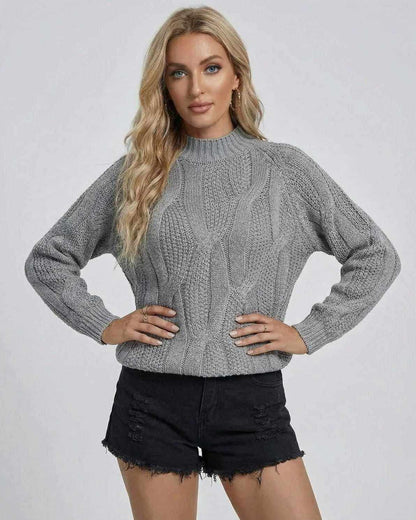 Orion Sweater from Lauven, a women’s cable-knit ribbed sweater in gray, perfect for fall and winter styling.