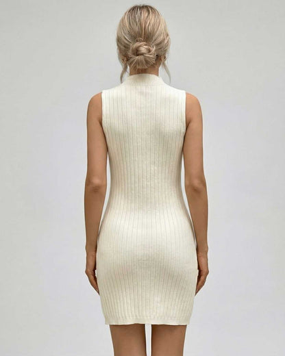 Orionis Mini Dress by Lauven - Ribbed Sleeveless Turtleneck Mini Dress in soft white, showcasing a structured fit.