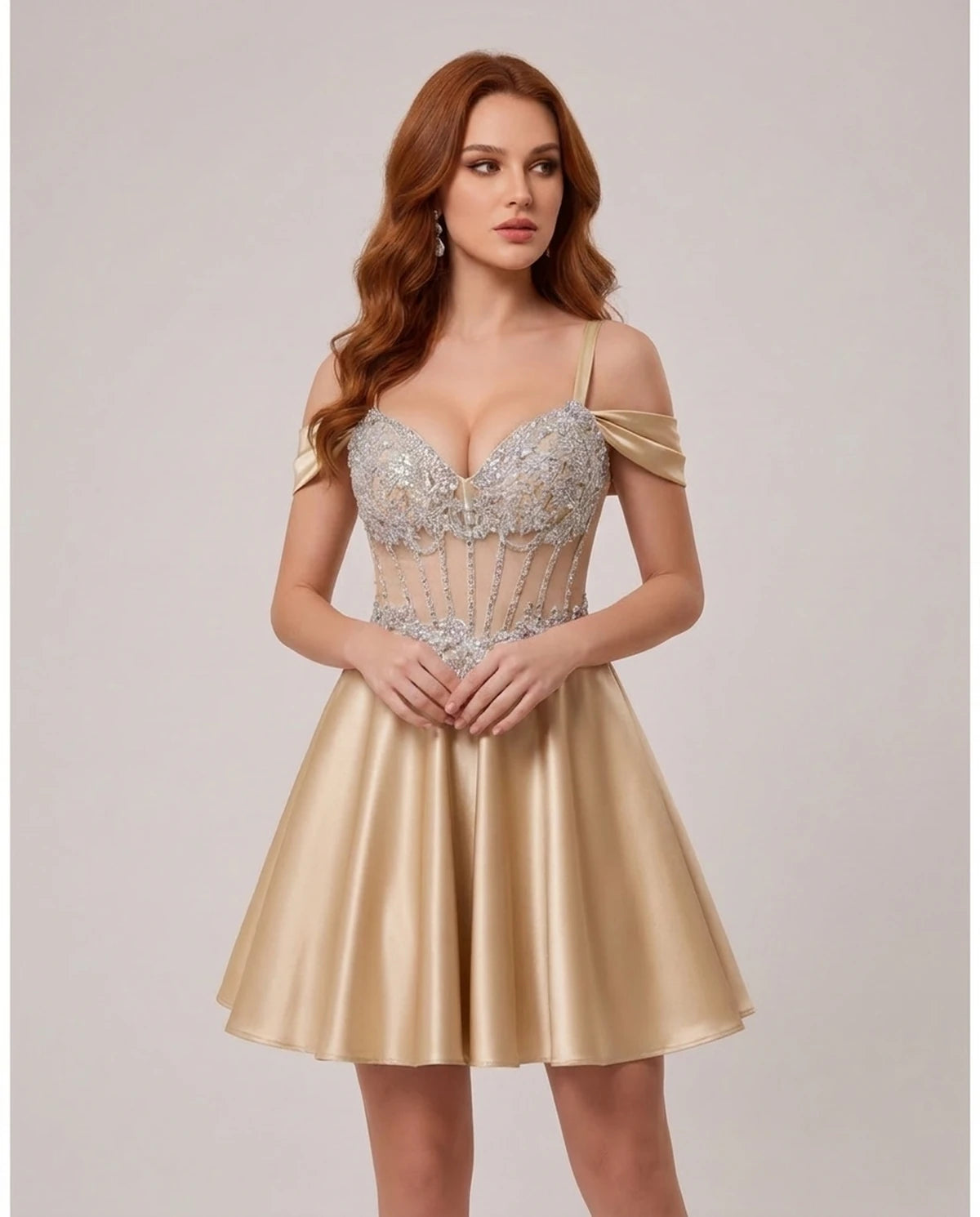 Ottilie Mini Dress — Champagne | SKU: SD-52353-champagne-2,SD-52353-champagne-4,SD-52353-champagne-6,SD-52353-champagne-8,SD-52353-champagne-10,SD-52353-champagne-12,SD-52353-champagne-14,SD-52353-champagne-14W,SD-52353-champagne-16,SD-52353-champagne-16W,SD-52353-champagne-18W,SD-52353-champagne-20W