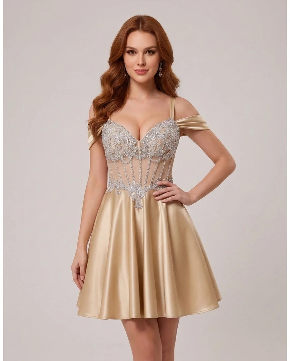 Ottilie Mini Dress — Champagne | SKU: SD-52353-champagne-2,SD-52353-champagne-4,SD-52353-champagne-6,SD-52353-champagne-8,SD-52353-champagne-10,SD-52353-champagne-12,SD-52353-champagne-14,SD-52353-champagne-14W,SD-52353-champagne-16,SD-52353-champagne-16W,SD-52353-champagne-18W,SD-52353-champagne-20W
