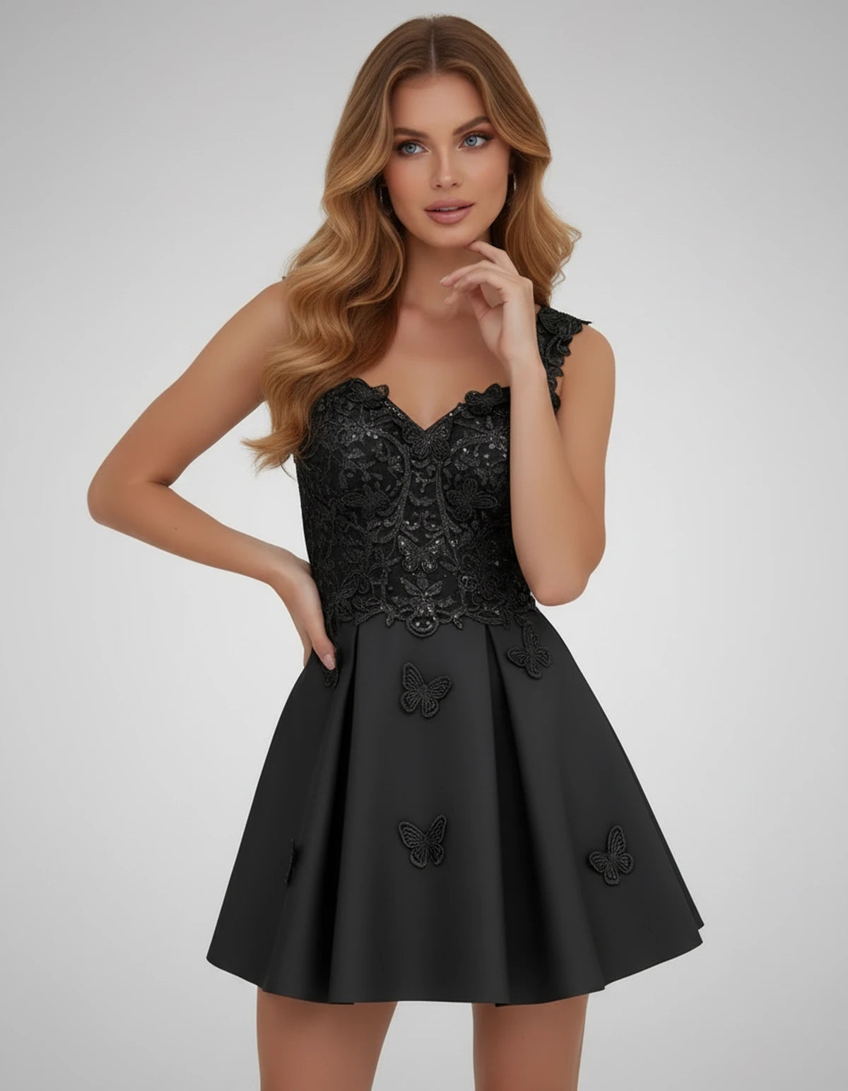 Papillon Mini Dress — Black | SKU: SD-77123-black-2,SD-77123-black-4,SD-77123-black-6,SD-77123-black-8,SD-77123-black-10,SD-77123-black-12,SD-77123-black-14,SD-77123-black-14W,SD-77123-black-16,SD-77123-black-16W,SD-77123-black-18W,SD-77123-black-20W