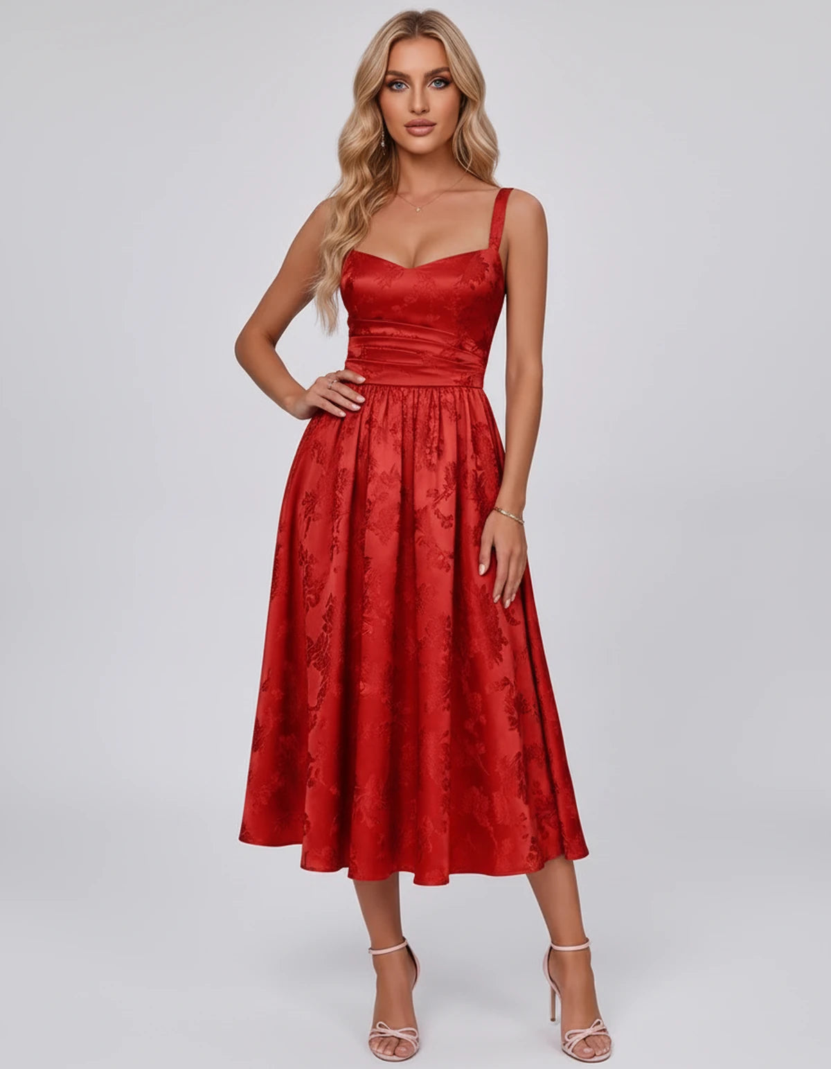 Pervenche Midi Dresses — Red | SKU: SD-57377-red-2,SD-57377-red-4,SD-57377-red-6,SD-57377-red-8,SD-57377-red-10,SD-57377-red-12,SD-57377-red-14,SD-57377-red-16,SD-57377-red-16W,SD-57377-red-18W,SD-57377-red-20W,SD-57377-red-22W