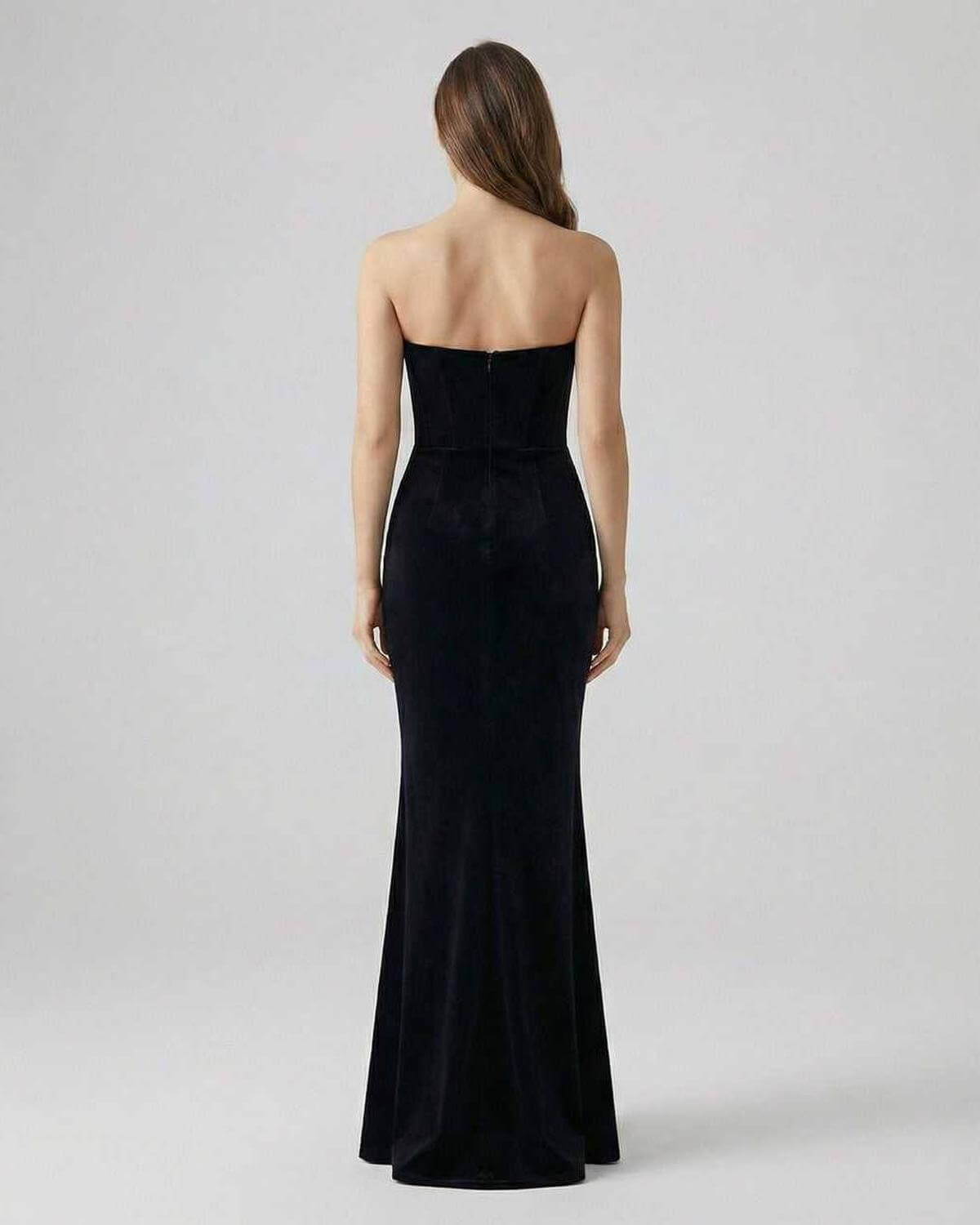 Elegant back view of the Celeste Maxi Dress by Lauven, a strapless black velvet evening gown with a timeless silhouette.