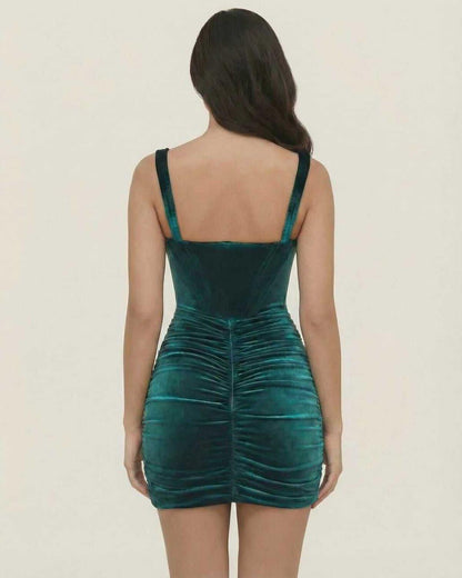 Back view of Orion Mini Dress by Lauven in luxe teal velvet, showcasing a sleek, form-fitting design.