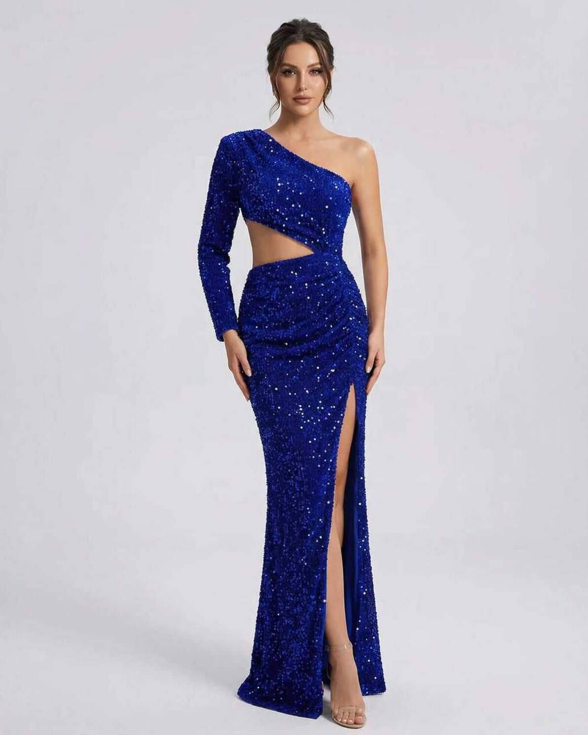 Celeste Maxi Dress by Lauven, blue velvet sequin evening gown with one-shoulder design and thigh-high slit.