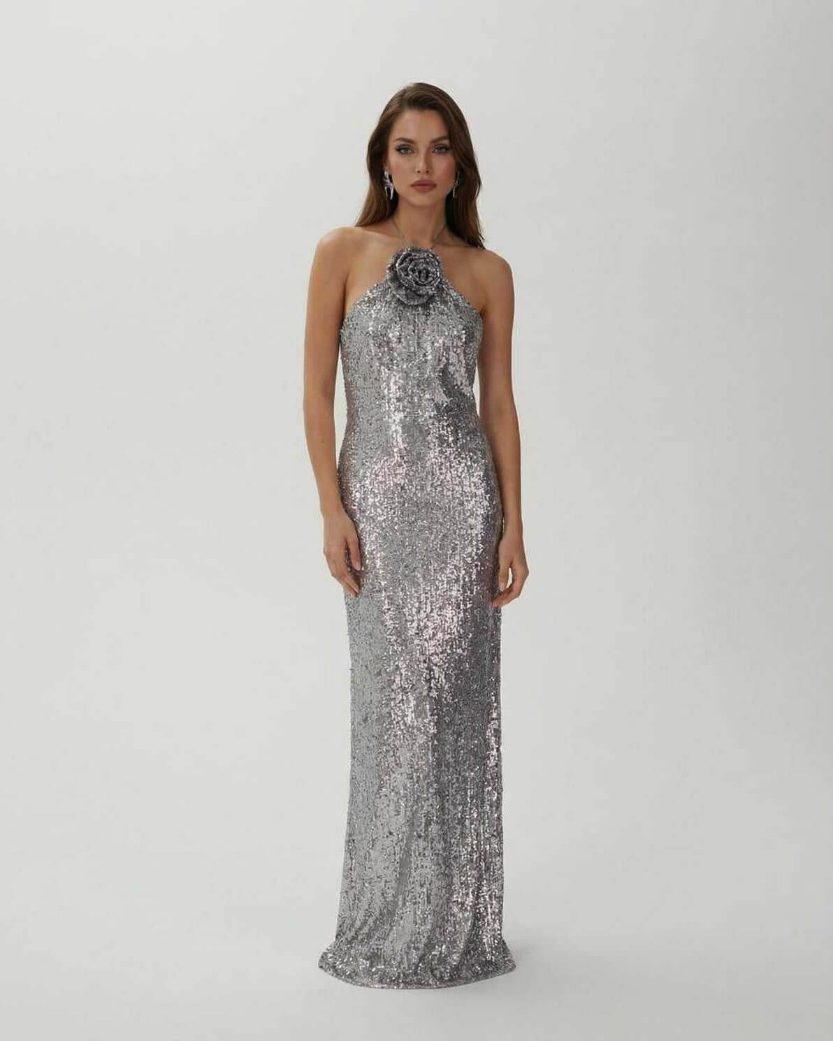 Lunaria Maxi Dress by Lauven, stunning silver sequin halter gown with floral detail for elegant evening wear.
