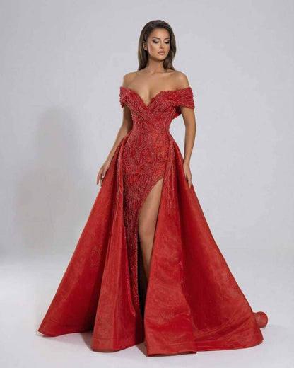 Scarlet Maxi Dress by Lauven - Dramatic red sequin off the shoulder evening gown with A-line silhouette.