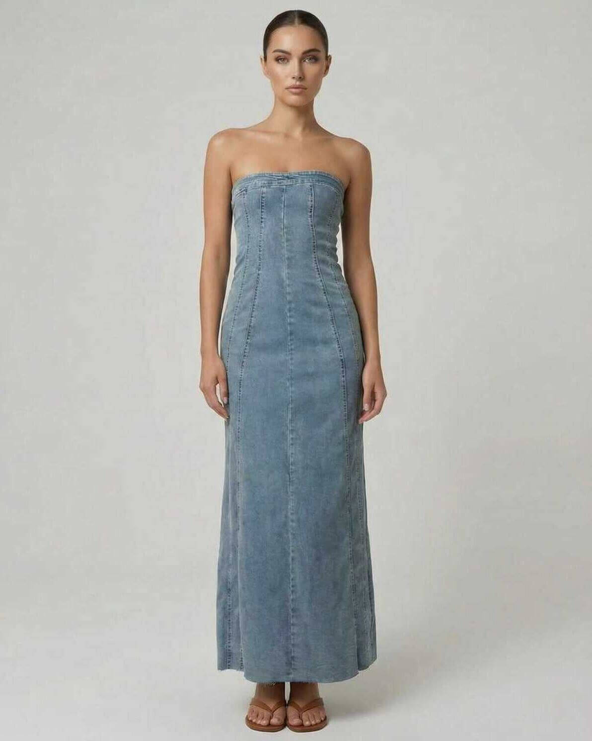 Dune Midi Dress by Lauven, strapless denim-inspired trumpet dress in a chic design, perfect for modern sophistication.