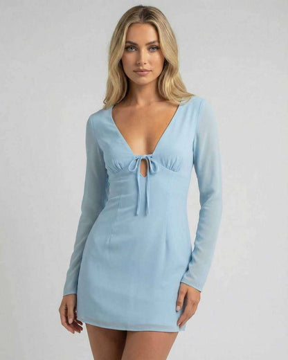 Celeste Mini Dress by Lauven in soft blue featuring a V-neckline and sheer long sleeves, perfect for a chic look.