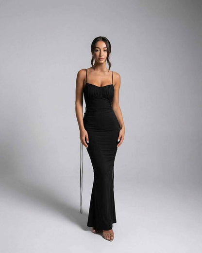 Isla Maxi Dress by Lauven - Black sleeveless spaghetti strap sheath dress with V-neckline.