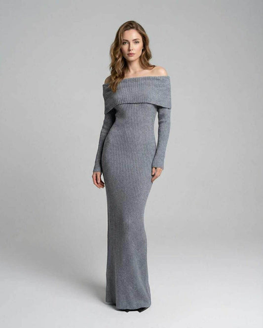 Sierra Maxi Dress by Lauven – Ribbed grey off-shoulder sheath dress with a sleek silhouette.