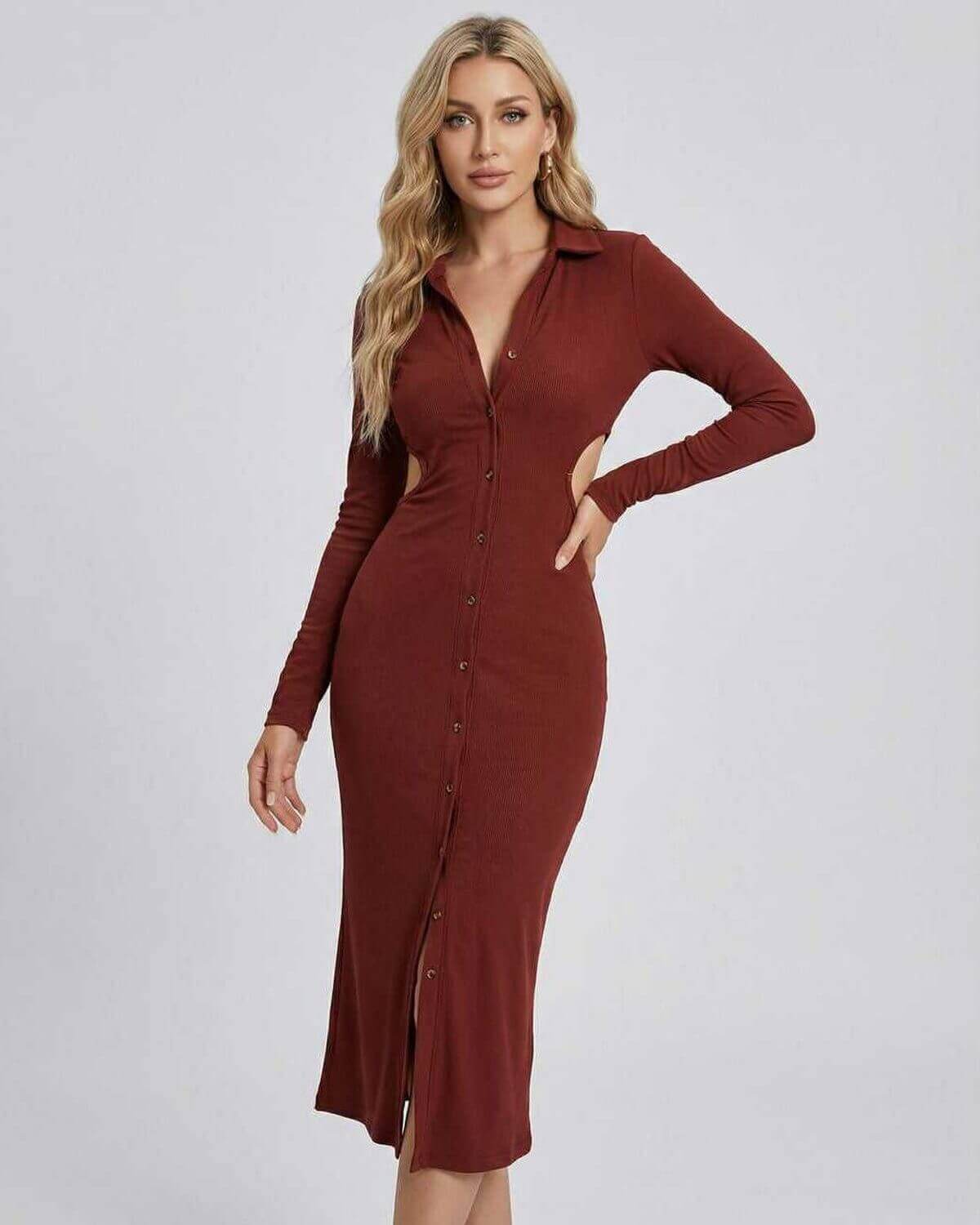 Sienna Midi Dress by Lauven - stylish button-down cut-out dress with long sleeves in rust color.
