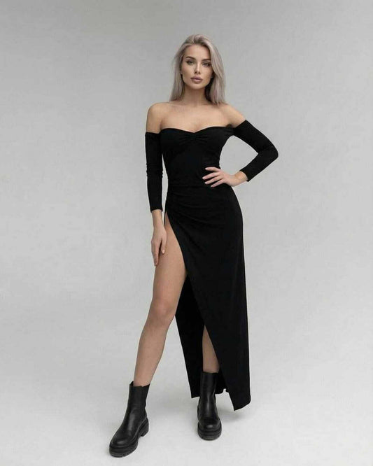 Noir Maxi Dress by Lauven - Off-the-Shoulder Slim Fit Ankle-Length Design in Solid Black.