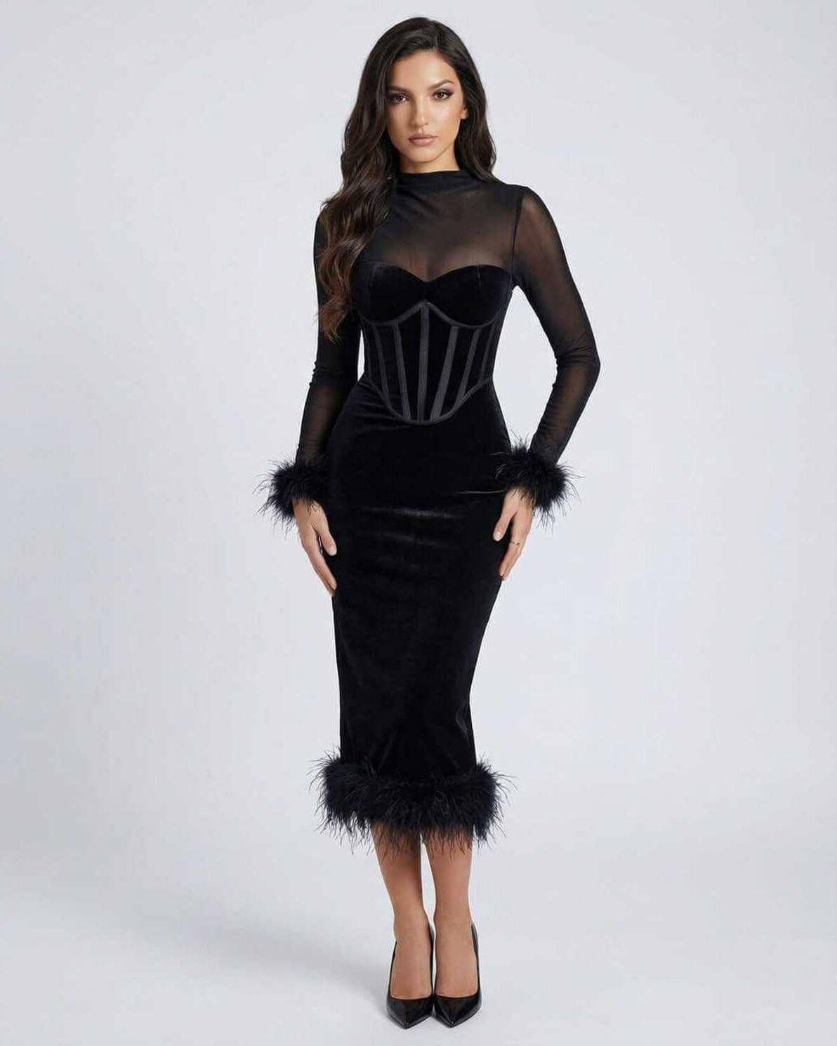 Lauven Orion Midi Dress features feather trim and sheer mesh detail, perfect for elevating evening style.