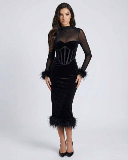Lauven Orion Midi Dress features feather trim and sheer mesh detail, perfect for elevating evening style.