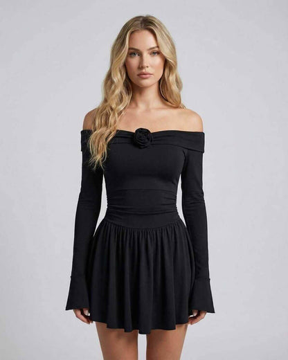 Luna Mini Dress by Lauven featuring off-shoulder floral detail and flattering silhouette in black.