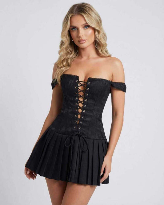 Nova Mini Dress by Lauven, a sleek off-shoulder clubwear in black, featuring a lace-up front and playful pleated skirt.