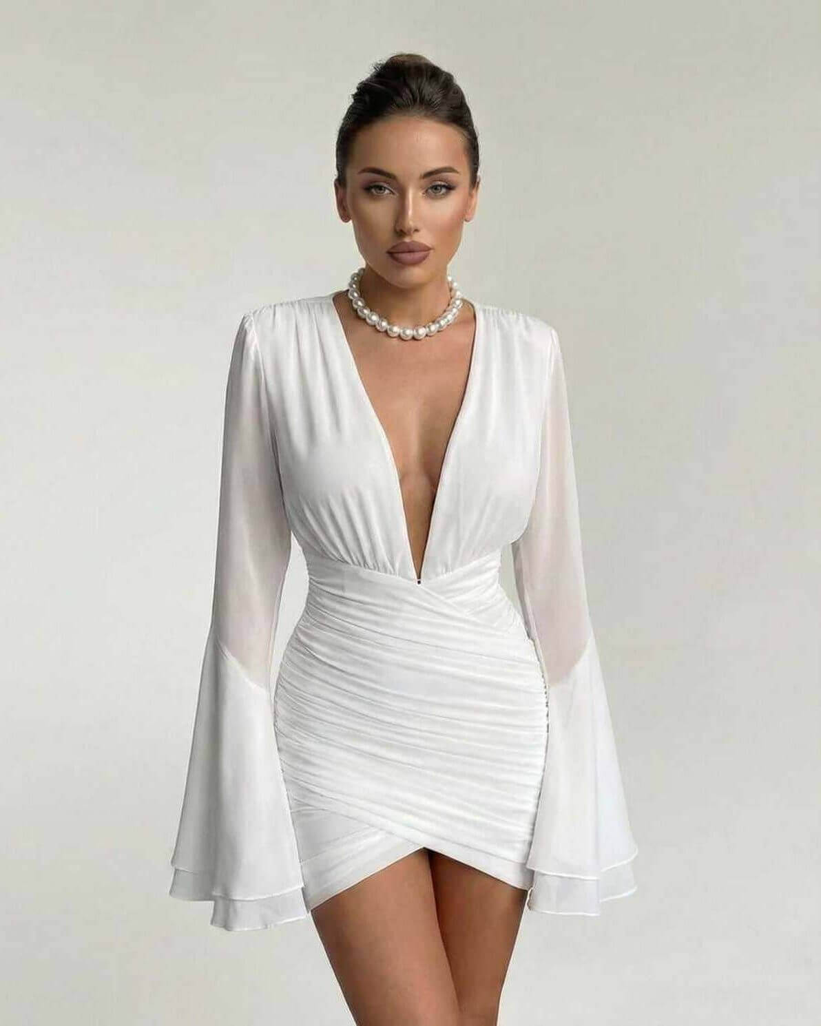 Celeste Mini Dress by Lauven - Elegant V-Neck Sheath with Dramatic Sleeves in White