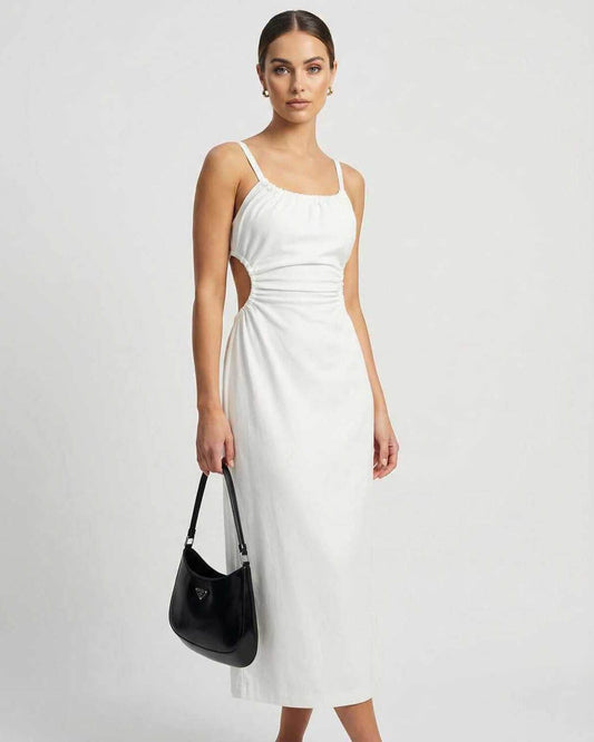 Celeste Midi Dress by Lauven showcasing ruched design and backless detail, perfect for luxury-loving women.