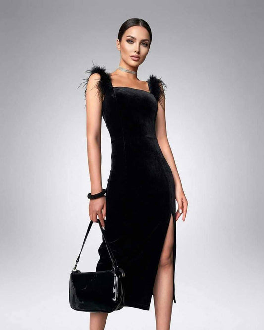 Seraphina Midi Dress by Lauven, elegant velvet bodycon with fuzzy shoulders and a bold side split.