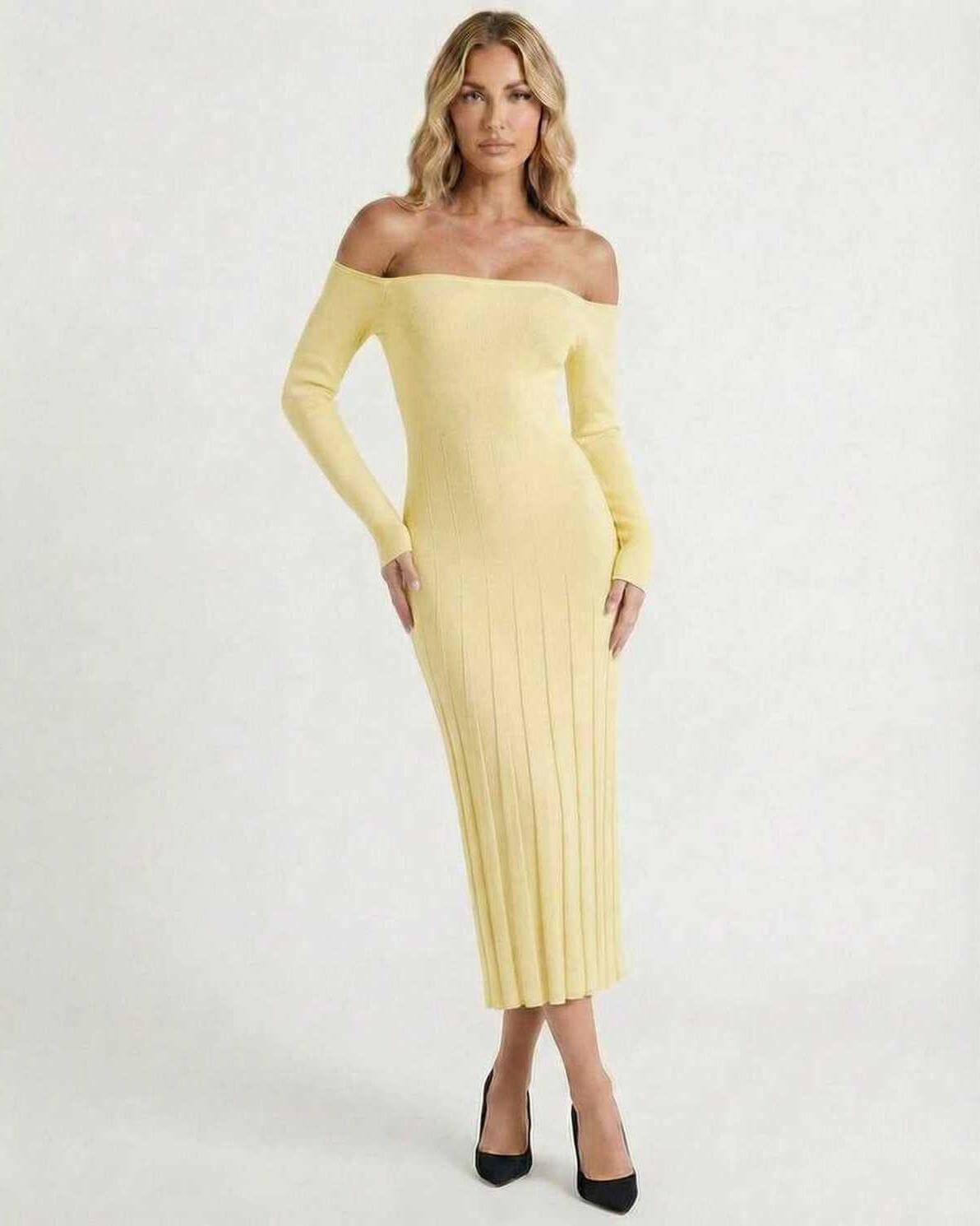 Solara Midi Dress by Lauven, elegant off-shoulder knitwear in soft yellow, perfect for modern elegance.
