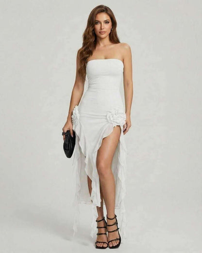 Celeste Maxi Dress by Lauven, elegant strapless white dress with ruffle details and high slit.