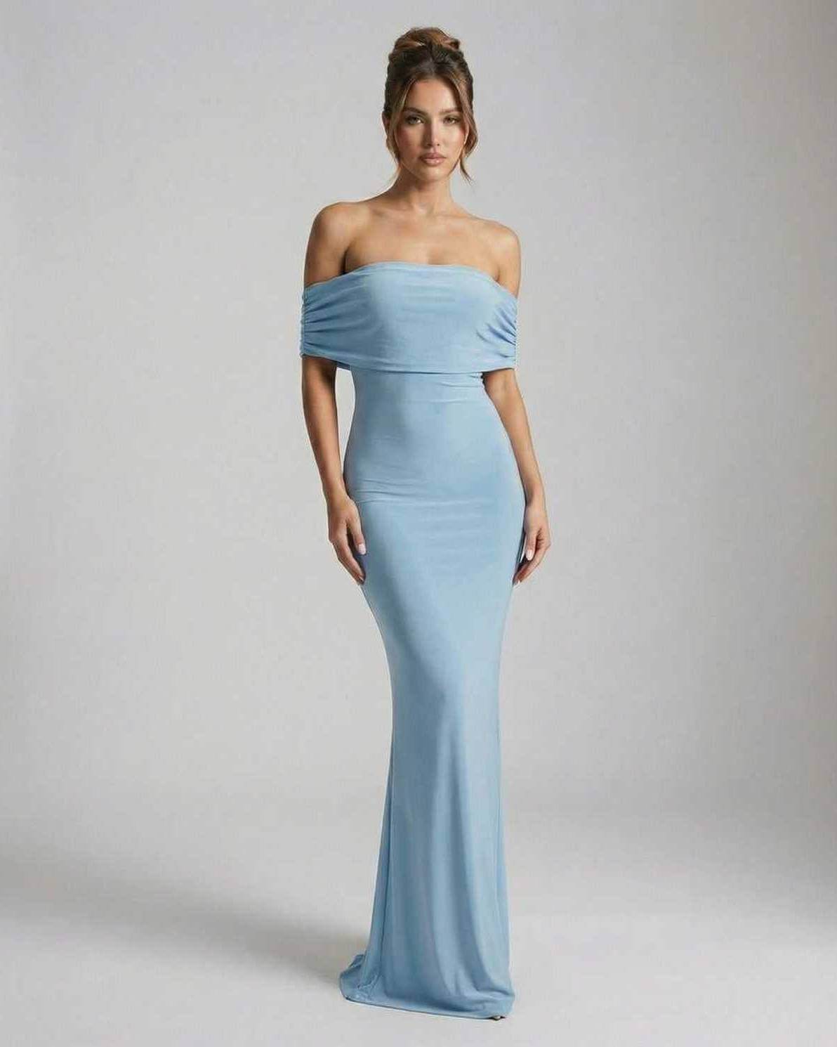 Luna Maxi Dress by Lauven in light blue, sleek off-shoulder design that flows elegantly to the floor.