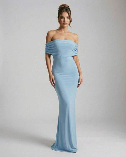 Luna Maxi Dress by Lauven in light blue, sleek off-shoulder design that flows elegantly to the floor.