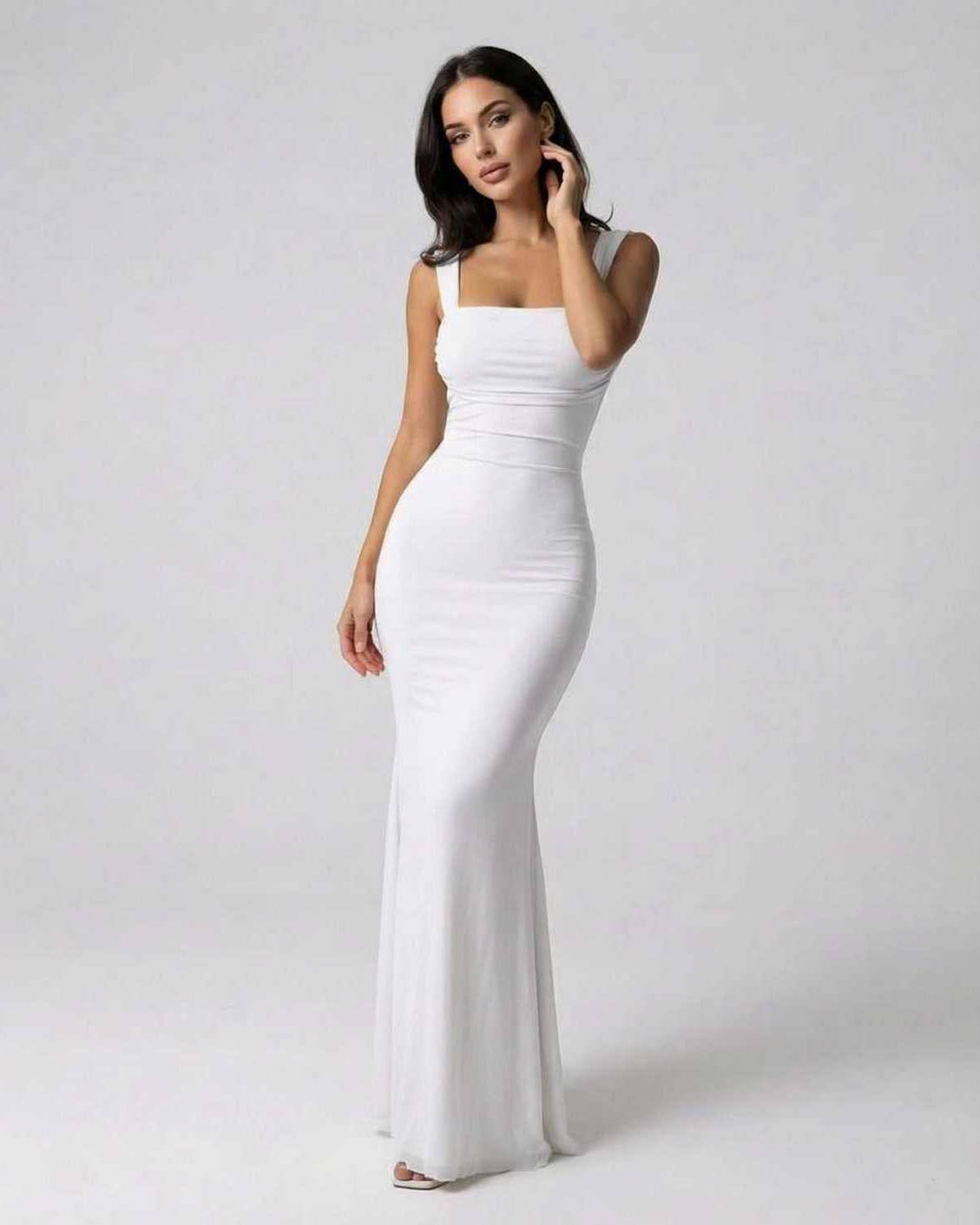 Ivory Maxi Dress by Lauven featuring a slim fit, ankle-length silhouette, and elegant strappy back design.