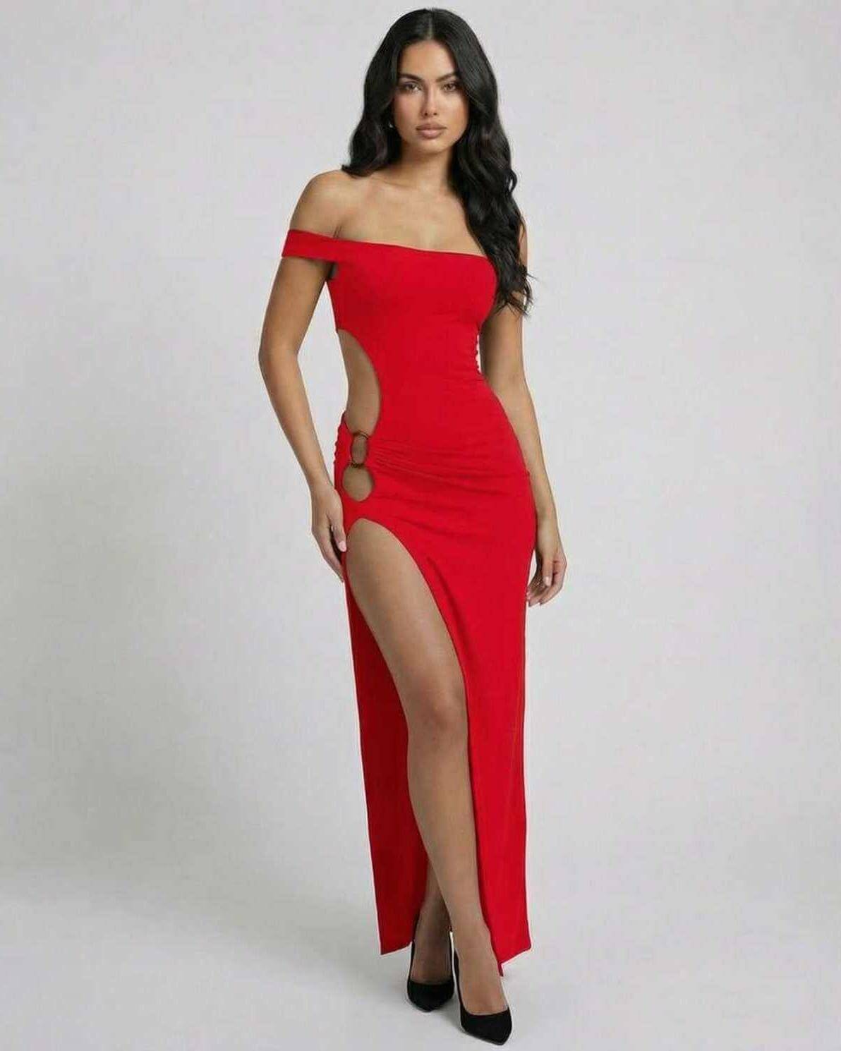 Crimsom Maxi Dress by Lauven, elegant red off-shoulder evening gown with a thigh-high slit.