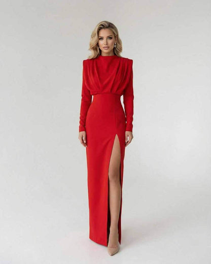 Valencia Maxi Dress by Lauven in vibrant red with a sleek fit, flare, and bold side slit.