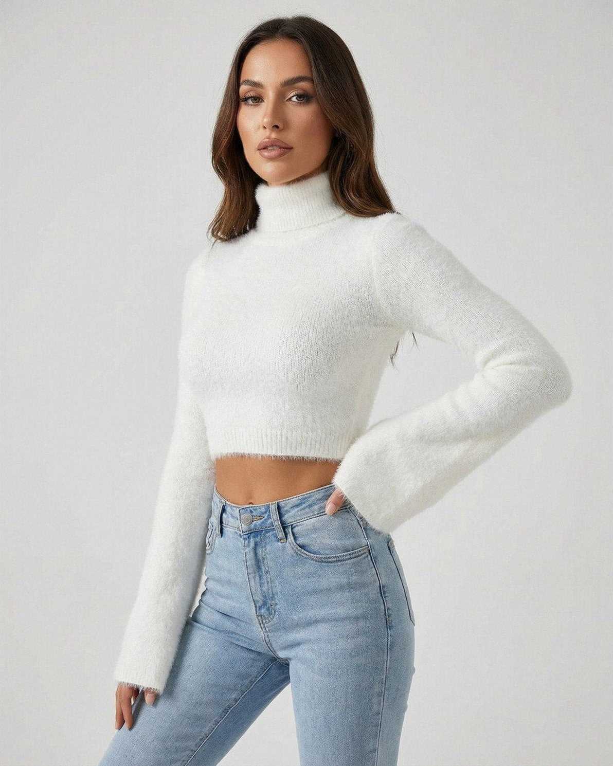 Lauven Sienna Pullover - Women's white high neck sweater with long sleeves and plush knit fabric.