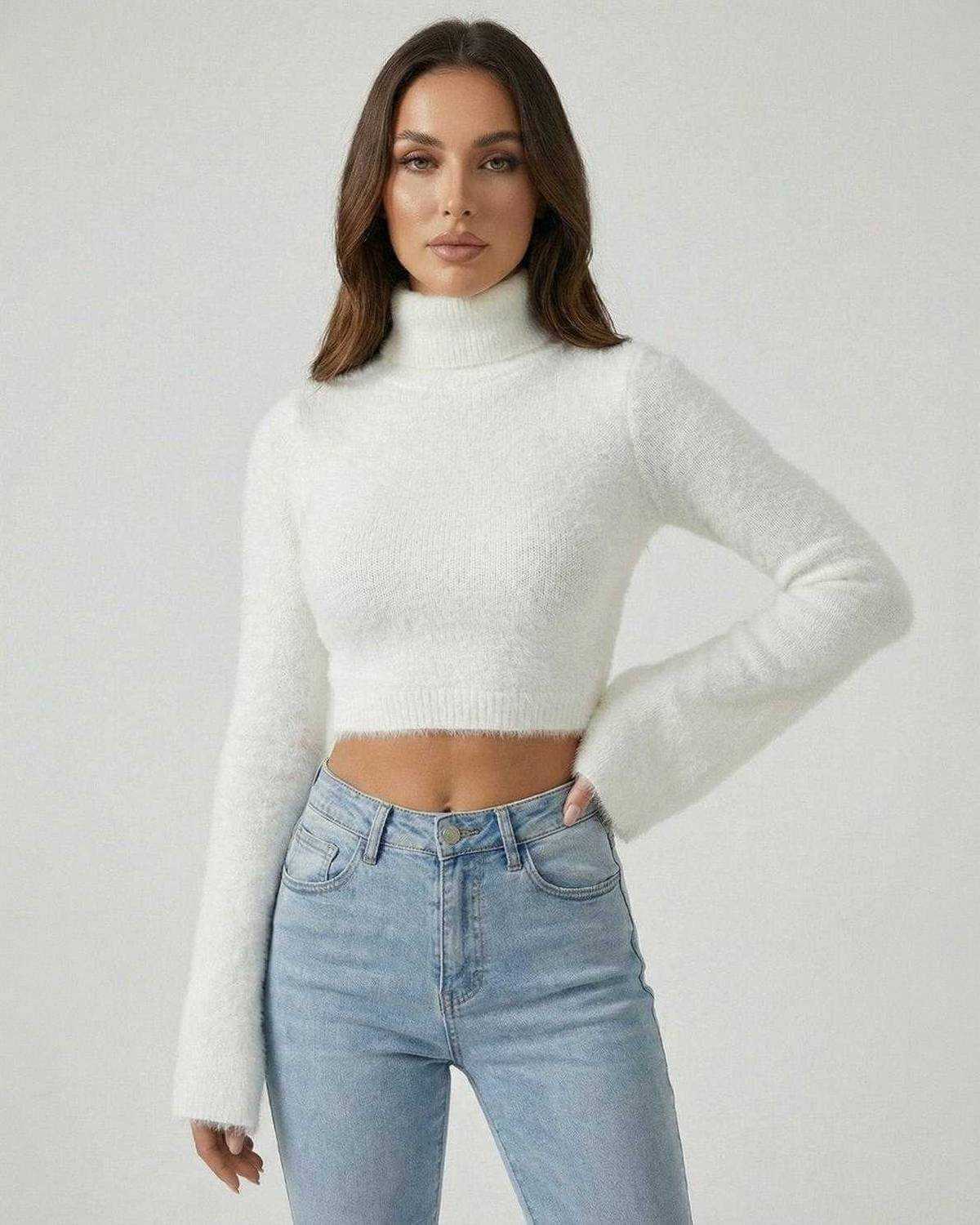Sienna Pullover by Lauven, women's white high neck pullover sweater with long sleeves and chic cropped style.