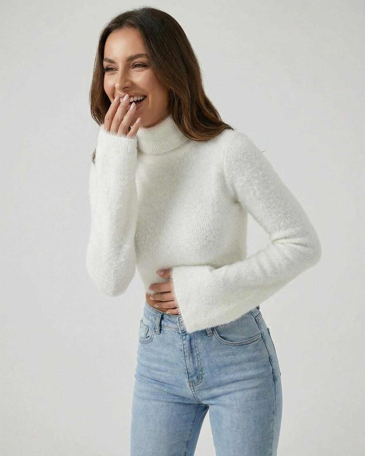 Sienna Pullover by Lauven – Women’s white high neck pullover sweater with long sleeves, perfect for modern styling.