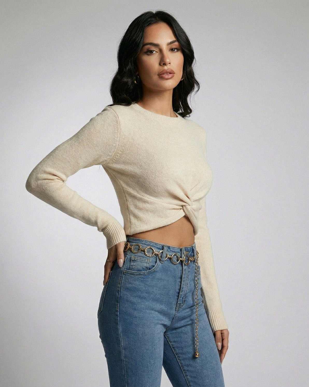 Sahara Pullover by Lauven – Women’s beige knit pullover with knotted front detail and modern silhouette.