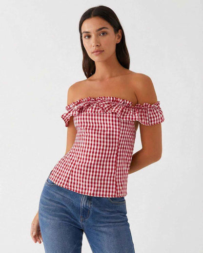 Rosalie Gingham Top by Lauven - Women’s off-shoulder red plaid summer top with a slim fit.