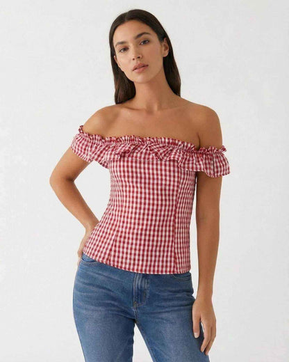 Rosalie Gingham Top by Lauven – Women’s red plaid off-shoulder slim fit summer top, featuring a charming gingham pattern.